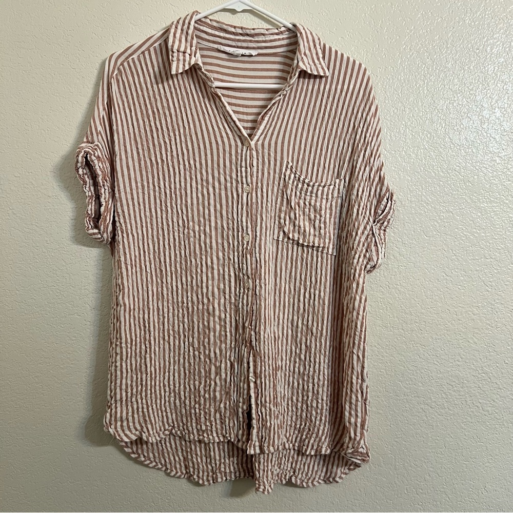 Jane Delancey button down shirt striped neutral crinkle casual large